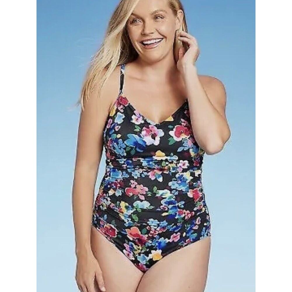 Aqua Green Black Floral One Piece S NWT